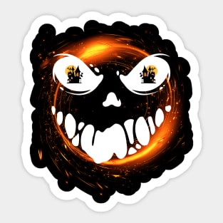 A skull in a cloud of fire with eyes on a haunted house Sticker